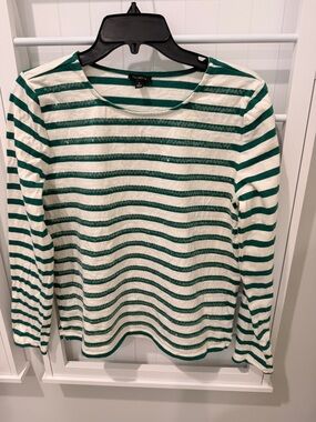 Talbots Green and White Sequined Striped Long Sleeve Top Small EUC